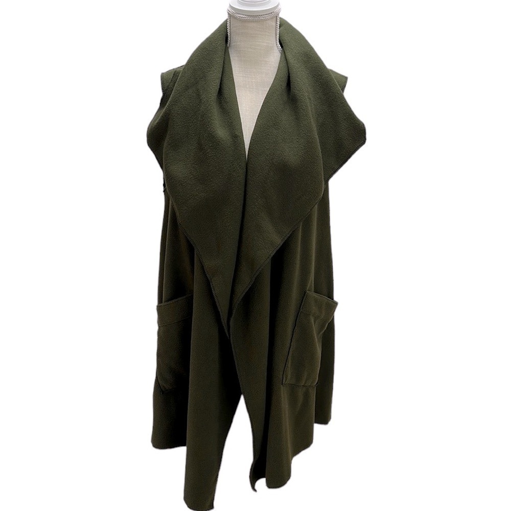 Le Moda Open Front Fleece Vest Cardigan‎ Long Line Olive Green Pockets Lagenlook